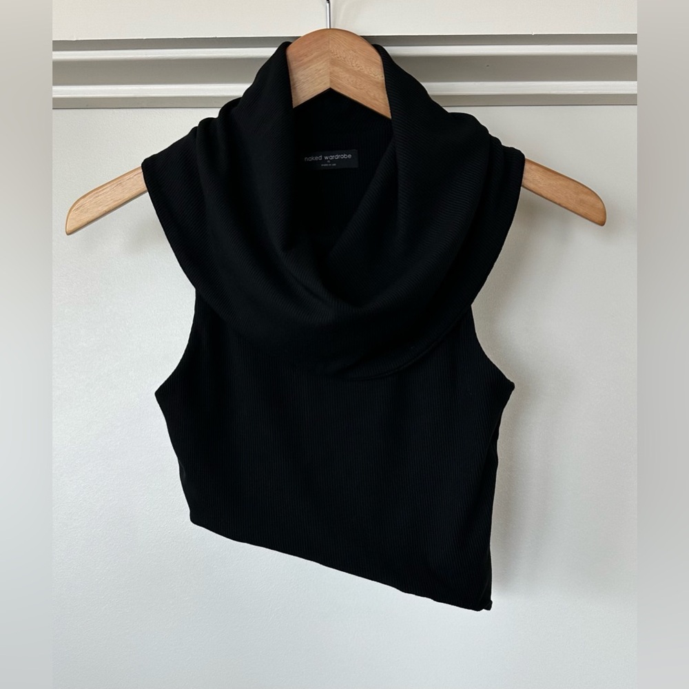 Naked Wardrobe Ribbed Sleeveless Cowl Neck Asymmetrical Crop Top in Black - Picture 5 of 15